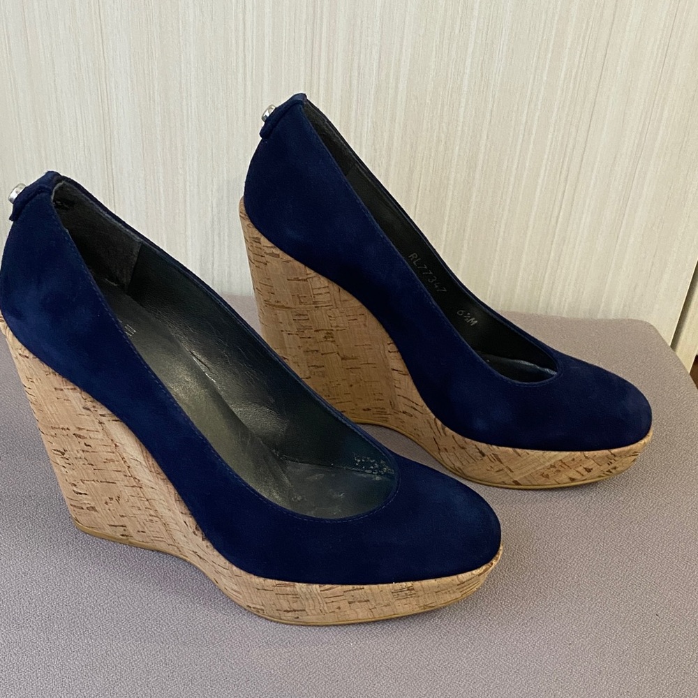 Stuart Weitzman Navy Suede Platform Wedge Heels EUC
